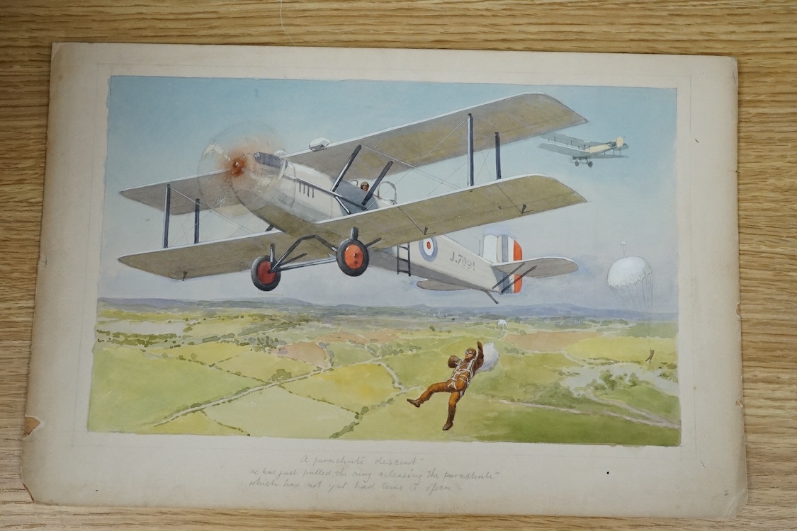 Charles Thomas Howard (1865-1942), set of four original watercolours for postcard designs, vintage aircraft, to include Monospar ST-25 and Percival Gull over Sydney, two signed, 21 x 32cm, unframed. Condition - fair to g